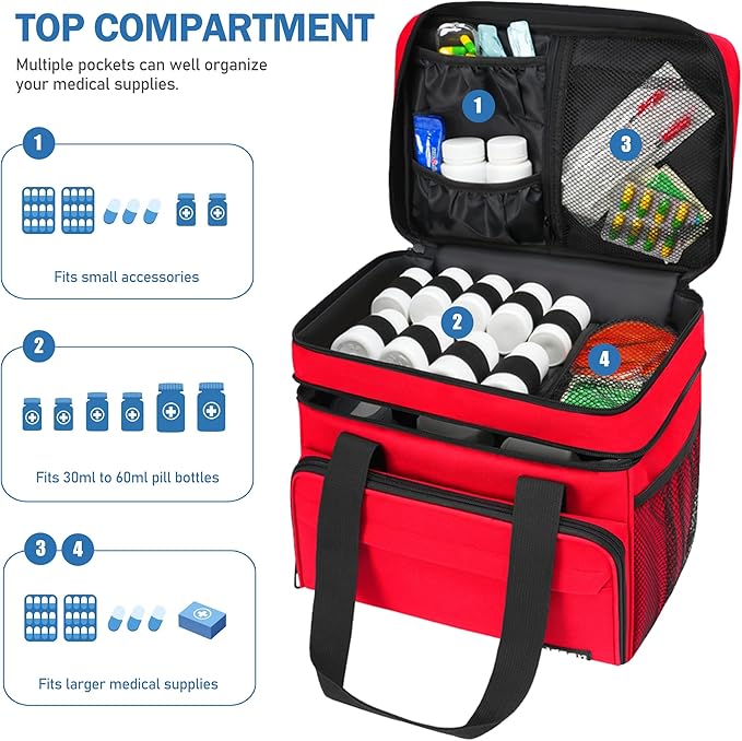 LIZSEN Large Medicine Storage Bag, Double Layer Pill Bottle Organizer Storage Bags with Lockable Zipper, Medication Travel Bag Carrying Case for Men Women (Red)
