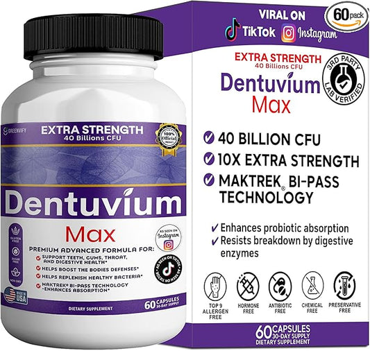 Dentuvium Max Probiotic Supplement - 40 Billion CFU - Supports Teeth Gums Throat Digestive Health - Gluten Free Sugar Free Non-GMO - 60 Capsules (1)