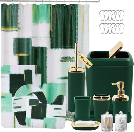 Bathroom Set - Dark Green and Gold Bathroom Accessories Set, Bathroom Sets with Shower Curtain and Rugs, Green Shower Curtain Set with Bathroom Trash Can, Soap Dispenser, Soap Dish for Home