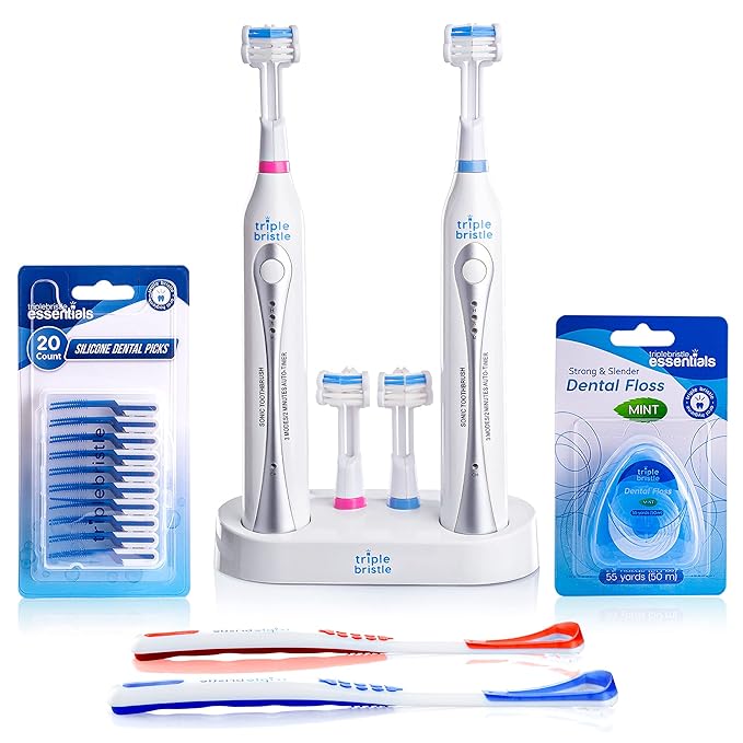 Triple Bristle Duo | 2 Sonic Toothbrushes with Dual Charging Station | Patented 3 Head Design | 31,000 VPM Electric Toothbrush Set | for Adults, Families & Couples | Triple Bristle Duo + Oral Kit
