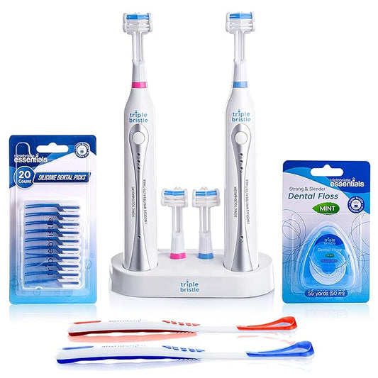 Triple Bristle Duo | 2 Sonic Toothbrushes with Dual Charging Station | Patented 3 Head Design | 31,000 VPM Electric Toothbrush Set | for Adults, Families & Couples | Triple Bristle Duo + Oral Kit
