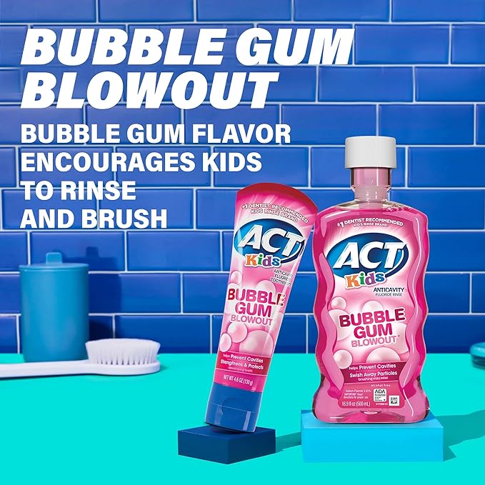 ACT Kids Anticavity Fluoride Rinse for Bad Breath Treatment, Bubble Gum Blowout, 16.9 fl. oz. (Pack of 3)