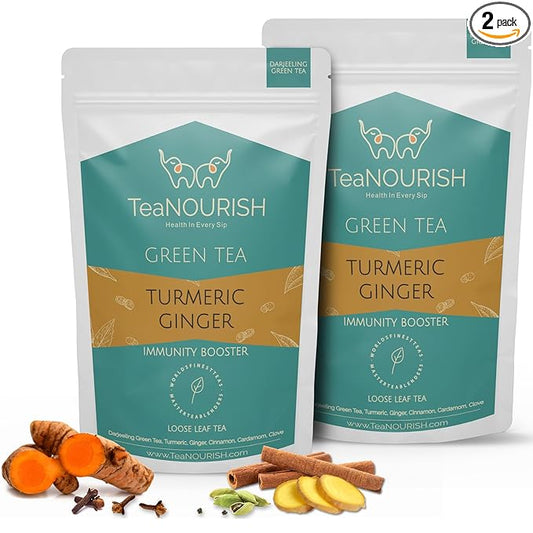 TeaNOURISH Turmeric Ginger Green Tea | Darjeeling Loose Leaf Tea | Blended with Indian Turmeric, Ginger & Cinnamon | 100% NATURAL INGREDIENTS - 3.53oz/100g (Pack of 2)