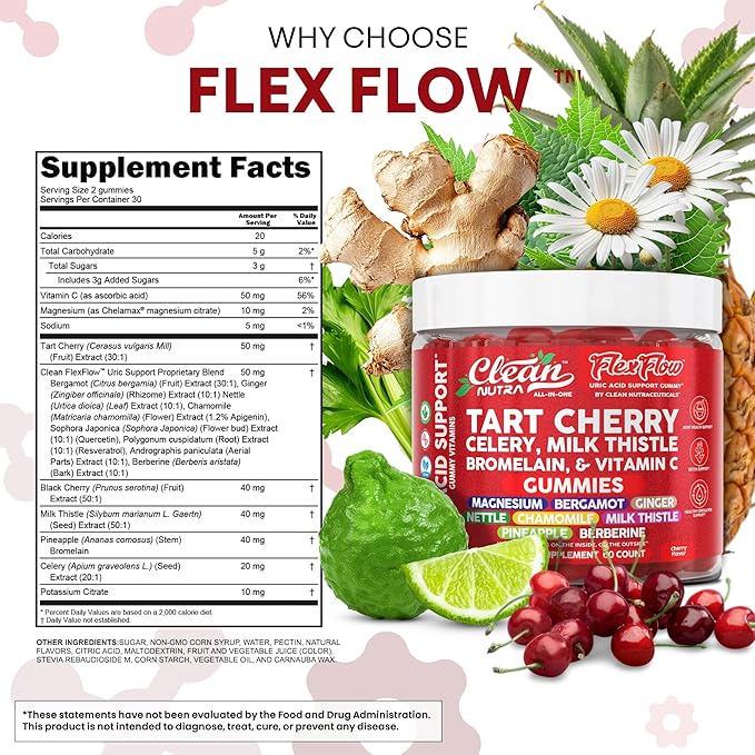 Clean Nutra Tart Cherry Gummies Uric Acid Flush Celery Milk Thistle Bromelain Vitamin C Magnesium Citrus Bergamot Ginger Stinging Nettle Leaf Chamomile Berberine Quercetin Support 60 Gummy Vitamins