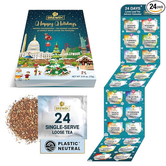BREWIX, Tea Advent Calendar 2025 | 24 Delightful Black & Green Loose Leaf Teas - Holiday Gift Box | Christmas Advent Calendar 2025 for Adults | Gift Idea for Tea Lovers, Christmas Countdown Set | Holiday Variety Sampler for Tea Lovers