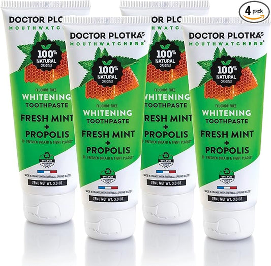 MOUTHWATCHERS Whitening Fluoride Free Naturally Sourced Toothpaste, 4 Tubes, 3 oz Each, for Sensitive Teeth and Gums, Organic, SLS Free, Fresh Organic Mint and Propolis, by Dr. Plotka's