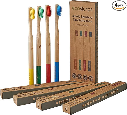 EcoSlurps 4 Bamboo Toothbrushes Multipack - Award Winning Medium Bristle Biodegradable Bamboo Toothbrush Pack (4 Adult Medium, Multi-Colored)