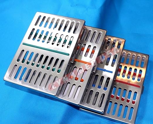 German Stainless 4 Dental Sterilization Cassette Rack Tray Box for 10 Instruments