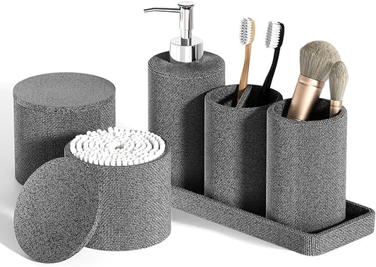 6-Piece Grey Bathroom Set - Mesh Textured Resin Bathroom Accessories Set with Soap Dispenser, Toothbrush Holder, Cup, Vanity Tray & Apothecary Jars for Small Spaces