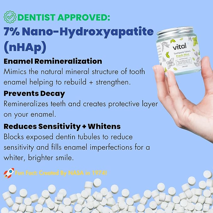 Vital Toothpaste Tabs with 7% Nano-Hydroxyapatite | Naturally Whitens + Remineralizes Teeth | Fluoride & Plastic Free | Combats Sensitivity | Travel & Eco Friendly | Fresh Mint | 62 Tablets (1 Month)