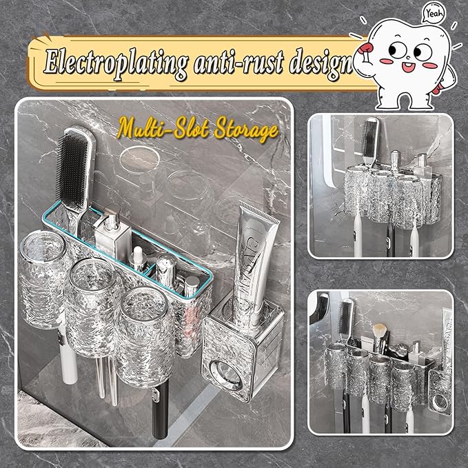 Toothbrush Holders Combo Set for Bathroom，2 Cups Toothbrush Holder Wall Mounted with Organizer，Gift 2 Count Ultra Fine Soft Bristle Crystal Tooth Brush and Wall Mounted Toothpaste Squeezer