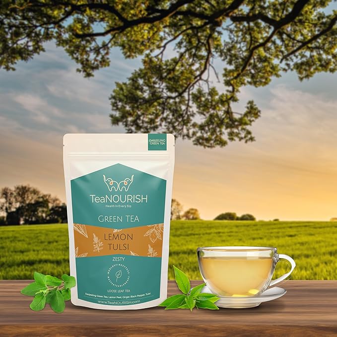 TeaNOURISH Lemon Tulsi Green Tee | Darjeeling Loose Leaf | Stress Relief Tee | Immune Support Tea | 100% Natural Ingredients | Brew 50 Cups Hot or Iced Tea - 3.53oz/100g (Pack of 2)