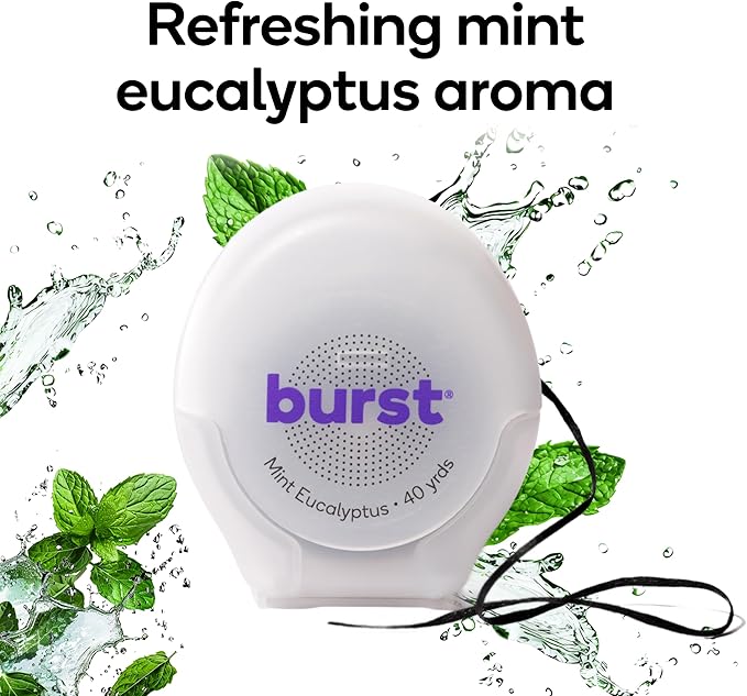 Burst Expanding Dental Floss (Mint Eucalyptus/80 Yards) | Stain Absorbing & Woven Tooth Floss with Xylitol Coating to Fight Cavities | Vegan | Paraben Free Expanding Floss