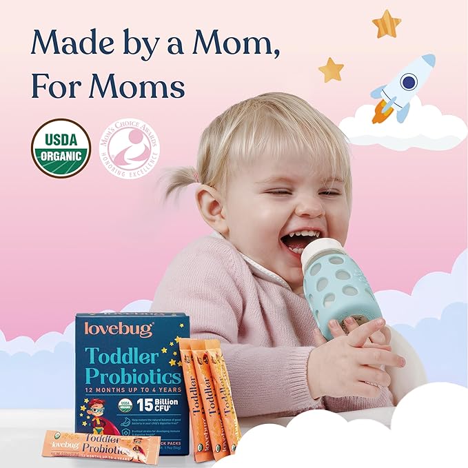 Lovebug Kids Probiotic Powder with Prebiotic Fiber - Toddler Immunity Support & Constipation Relief - USDA Organic Probiotics for Childrens Gut & Digestive Health (Ages 1-4) - 30 Pack (Unflavoured)