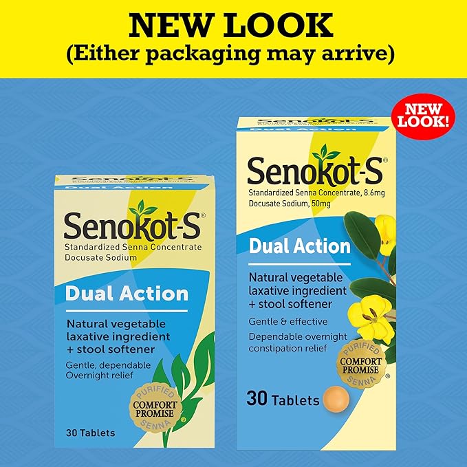 Senokot-S Dual Action 30 Tablets, Natural Vegetable Laxative Ingredient Plus Stool Softener Tablets, Gentle Dependable Overnight Relief of Occasional Constipation