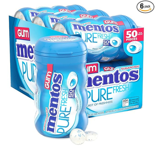 Mentos Pure Fresh Sugar-Free Chewing Gum with Xylitol, Fresh Mint, 50 Piece Bottle (Bulk Pack of 6)