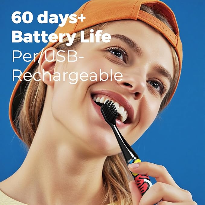 MIPOW Brush GO SlimPro i4 Electric Toothbrush Rechargeable Smart Ultra Sonic 3 Modes, Travel Case & Ceramic Dock, 60Day Battery Soft Bristles 2 Heads IPX7 Waterproof, Color-Popart Edition