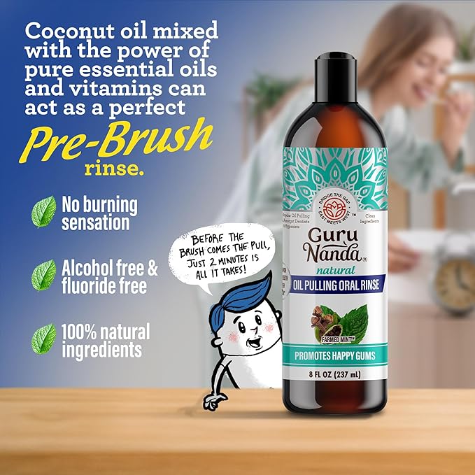 GuruNanda CocoMint Oil Pulling Mouthwash for Complete Oral Hygiene, 7 Essential Oils & Vitamins for Happy Teeth & Gums & Fresh Breath , Alcohol-Free, 8 oz