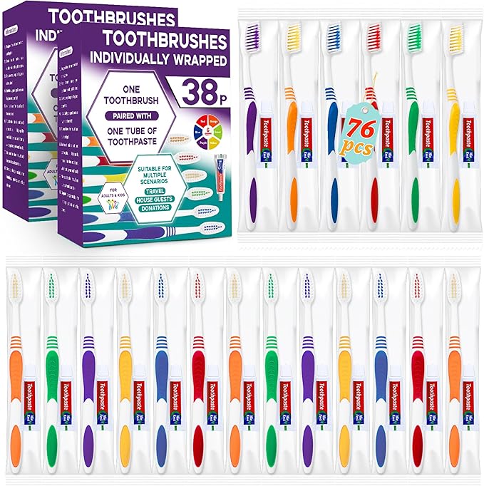 Disposable Toothbrush with Toothpaste 76 PCS, Travel Toothbrush and Toothpaste Bulk Set, Soft Bristle Individually Wrapped Toothbrushes Bulk for Kids, Adult. Suitable for Hotel, Travel, Home, Donated