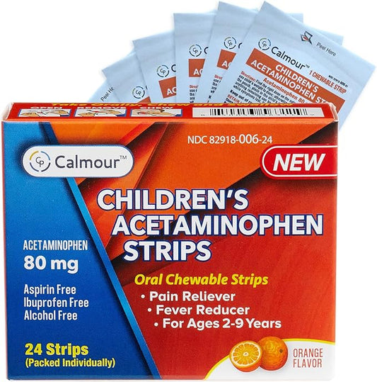 Children's Acetaminophen 24 Strips | Pain Reliever & Fever Reducer | Fast-Acting Support for Cold & Flu Symptoms | Oral Chewable Strips for Kids Ages 2-9 | Travel Size, Orange Flavor
