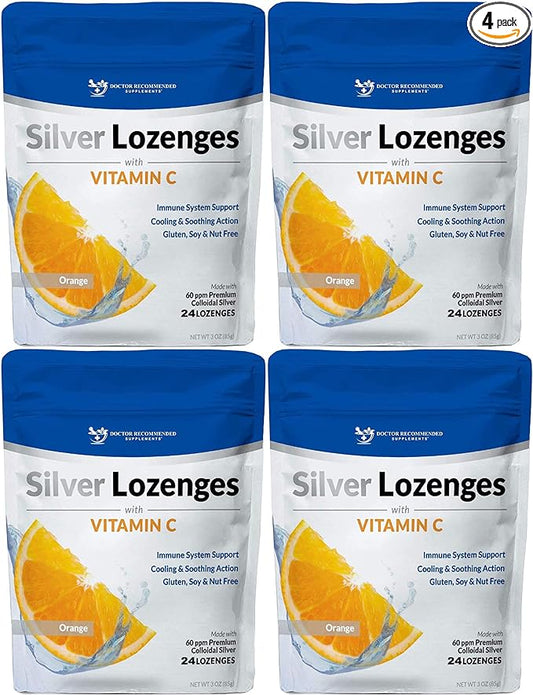 Silver Lozenges with Vitamin C - Premium Nano Silver 60 PPM Colloidal Silver, Organic Honey and Vitamin C Mineral Supplement Drops to Support Immune System, Soothe Cough & Throat - Pack of 4