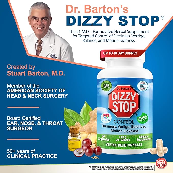 Vertigo Relief Product & Non‑Drowsy Motion Sickness Pills: Nausea and Dizziness, Ginger & Grape Seed Formula, Inner Ear Balance, Car, Cruise & Travel Essential, Stomach Support, Sea Sickness, 80‑Count