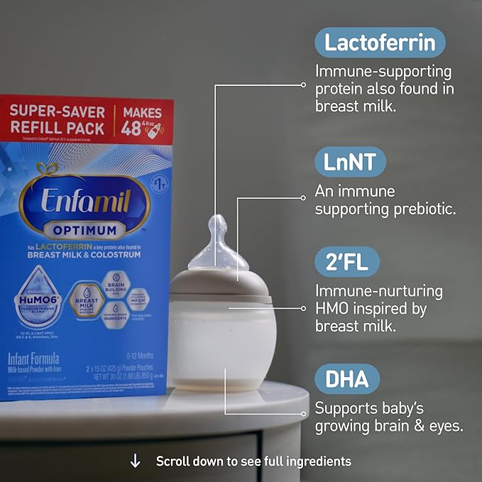 Enfamil Optimum (Enspire), Our Closest Formula to Breast Milk, Immune-Supporting Lactoferrin and Brain-Supporting DHA Baby Formula, Powder 30 Oz Refill, Pack of 8