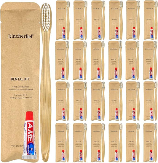 DincherBel Bamboo Toothbrushes Kit Bulk, Disposable Toothbrushes with Toothpaste(6g), Individually Wrapped Toiletries Amenities for Hotel, Airbnb, Homeless, Shelter, Camping and Travel (50 Pack)