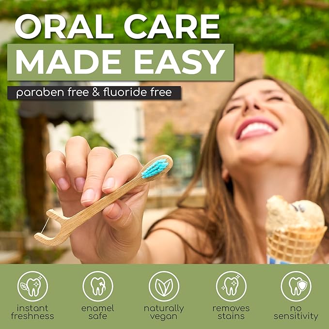 Brushee - 3 Pack Bamboo Toothbrushes Kit - 3-in-1 Travel Toothbrush with Flosser - Soft Eco-Friendly Disposable Toothbrushes with Toothpaste Fresh Mint Flavored - Individually Wrapped for Travel