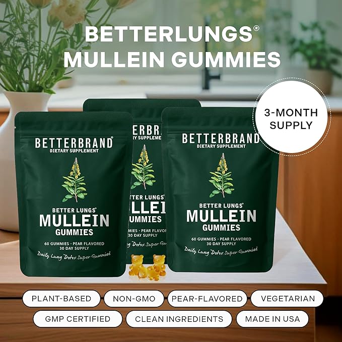 Betterbrand Mullein Chewable Gummies for Lung Cleanse and Detox, Respiratory Health Supplement, 1000mg Mullein Extract per Serving, 180 Gummies - 90 Day Supply - Pear Flavored