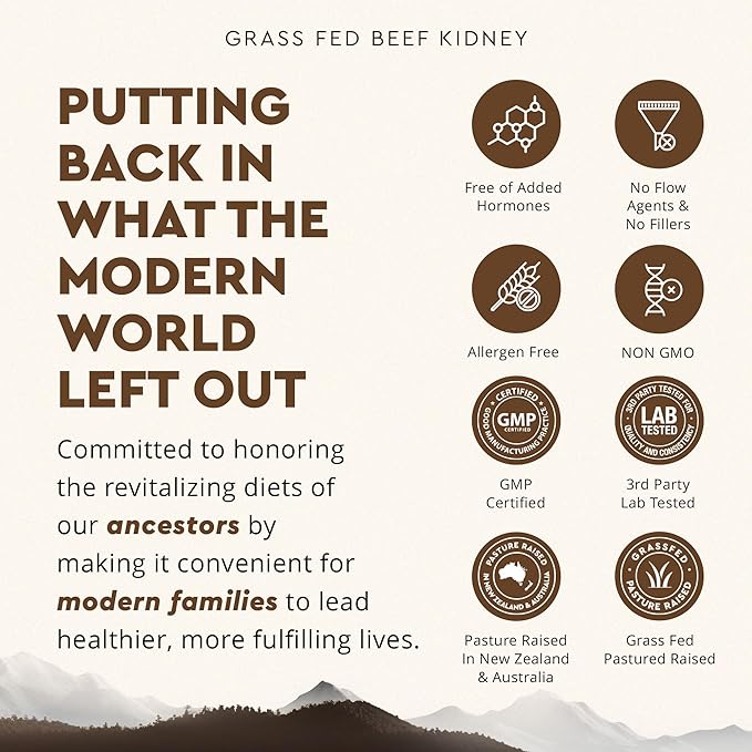 Ancestral Supplements Grass Fed Beef Kidney Supplement, 3000mg, DAO Enzyme Supplement, Kidney Support for Urinary and Histamine Health, Selenium, B12, Non GMO, 180 Capsules