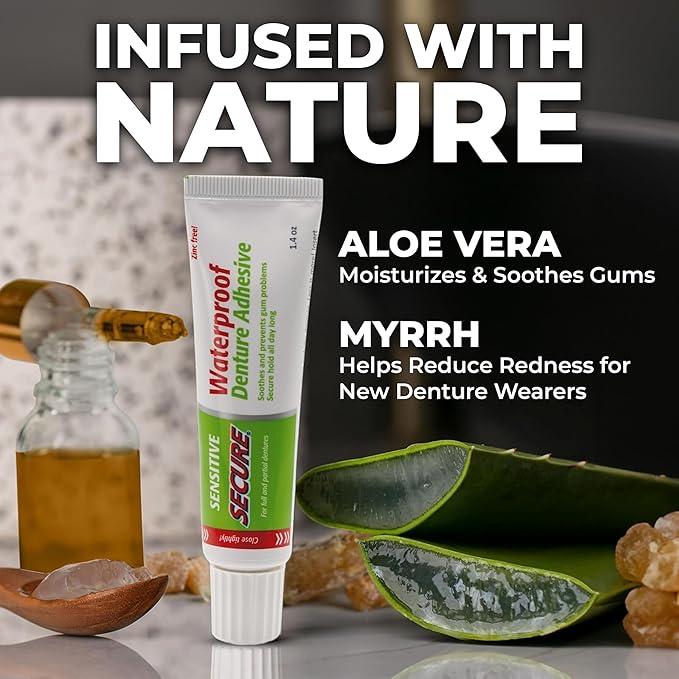 Secure Sensitive Denture Adhesive with Aloe Vera & Myrrh – 12-Hour Max Hold – Patented Waterproof Seal – for All Denture Types – Food Grade Ingredients – 1.4 oz