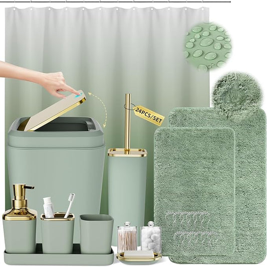 Sage Green Bathroom Set - 24PC Bathroom Sets with Shower Curtain and Rugs, Sage Green Bathroom Accessories Set with Press-on Lid Bathroom Trash Can, Soap Dispenser