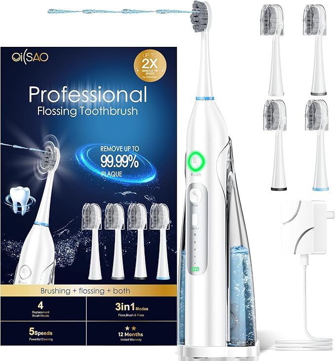 Electric Toothbrush with Water Flosser, All in One Sonic Flossing Toothbrush with 3 Modes & 5 Flossing Speeds & 4 Brush Heads, Rechargeable & Portable for Adult Teeth Cleaning