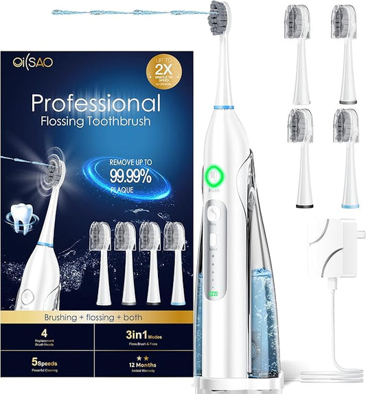 Electric Toothbrush with Water Flosser, All in One Sonic Flossing Toothbrush with 3 Modes & 5 Flossing Speeds & 4 Brush Heads, Rechargeable & Portable for Adult Teeth Cleaning