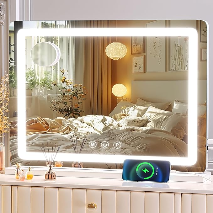 Makeup Vanity Mirror with USB Charging Port 24" x 19" Large LED Makeup Mirror, Desk Mirorr with Lights, Light up Mirror with 10X Magnification and, Dimmable 3 Modes, Touch Control White