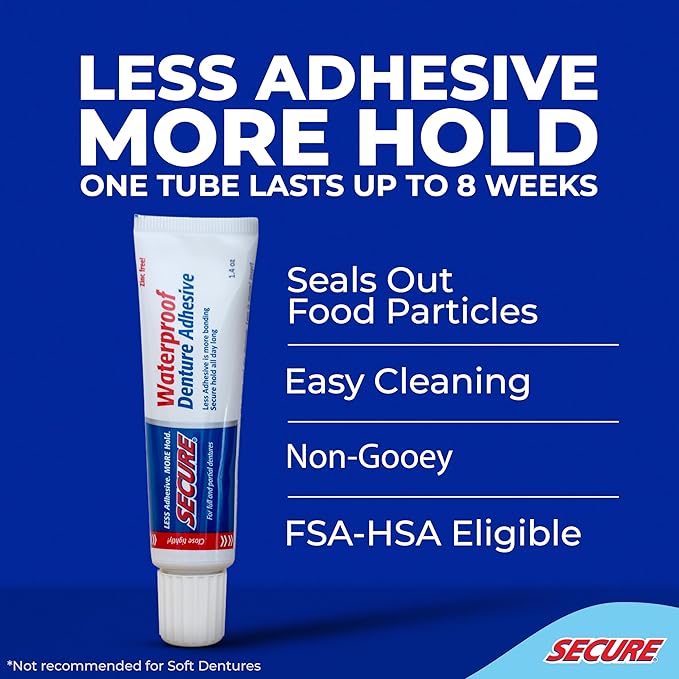Secure Waterproof Denture Adhesive - Zinc Free - Extra Strong 12 Hour Hold - 1.4 oz (Pack of 4)