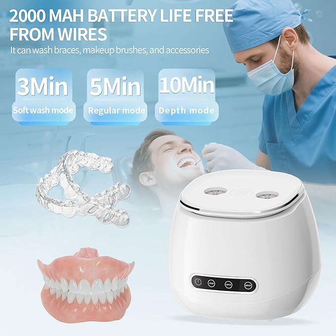 Ultrasonic Retainer Cleaner 48kHz Ultrasonic Cleaner Dental Ultrasonic Retainer Cleaner Machine Dental Cleaning Pod for Denture with Digital Timer, Dual Cleaning Mode for All Dental Appliances (White)
