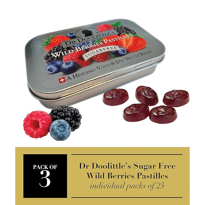 Dr. Doolittle’s Sugar Free Soft Fruit Pastilles for Voice and Throat, Wild Berries Flavor, 2.12 Ounce Tin, approximately 25 Count Package, 3 Pack
