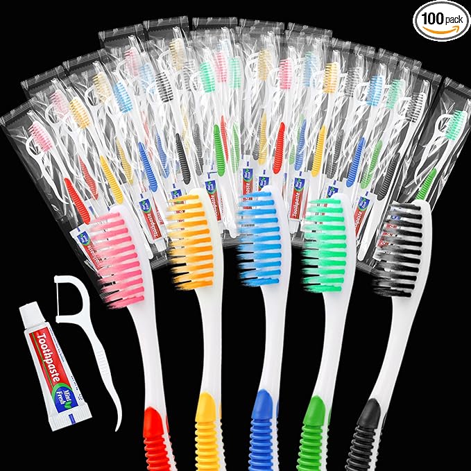 HAIFOTRVA Disposable Toothbrushes with Toothpaste and Floss,100pcs Single Use Individually Wrapped Disposable Travel Toothbrushes and Dental Floss Kit Bulk for Homeless,Airbnb,Dentist,Hotel(5 Colors)