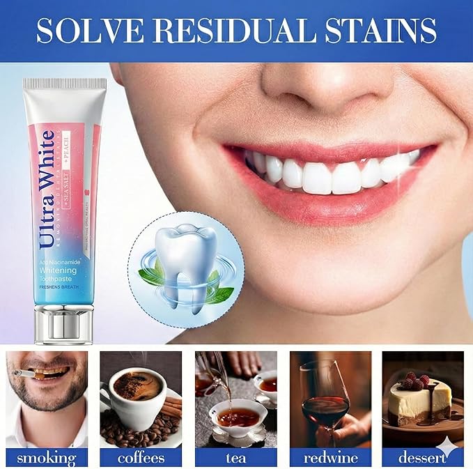 Ultra White Toothpaste (Peach & Sea Salt Flavor) - Niacinamide Whitening Toothpaste for Stain Removal - Fresh Breath, Gum Care & Enamel Safe Daily Tooth Paste (2 Pack, 3.52oz/100g)