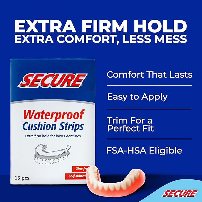 Secure Denture Adhesive Strips – Zinc Free – Waterproof – Comfortable Cushion Fit for Lowers – Extra Firm All-Day-Hold – No Mess – Clean Ingredients – 120 Strips (8 Pack)