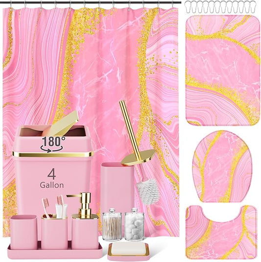 25PCS Bathroom Accessory Set, Pink Bathroom Set with Large-Capacity 4 Gallon Trash Can,Bathroom Rugs Set, Waterproof Shower Curtain, Toilet Brush, Toothbrush Holder & Soap Dispenser