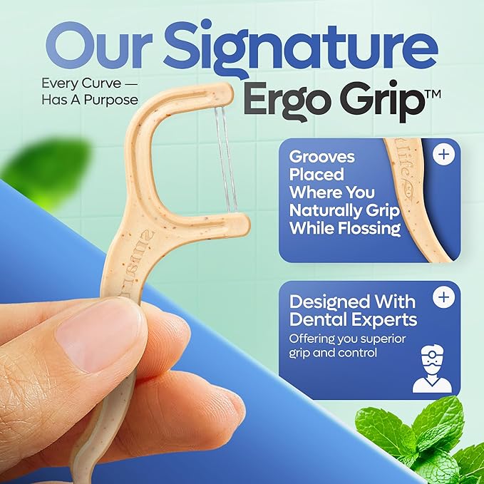 SmartLifeco Eco-Friendly Dual-Thread Dental Floss Picks (100ct) - Flossers Made with Straw Wheat Blend, Superior Anti-Shred for Tight Gaps, Tooth Pick Stick for Adults, Soft on Gum & Teeth, Mint