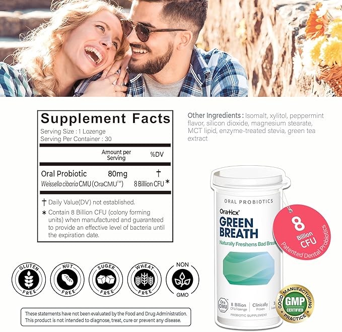 OraTicx Green Breath Oral Care Probiotics, Naturally Support Freshens Bad Breath & Healthy Mouth, Dental Probiotic Supplement 8 Billion CFU, Mint Flavor 30 Lozenges 1-PK