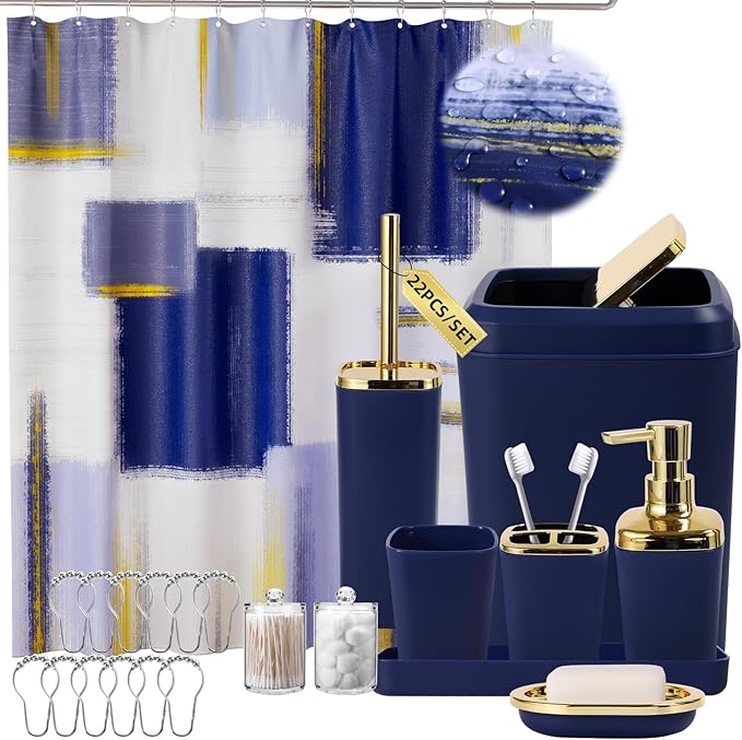 Blue and Gold Bathroom Accessories Set, Bathroom Sets with Shower Curtain, Blue Bathroom Accessories with Trash Can, Soap Dispenser, Soap Dish, Toilet Brush Holder, Qtip Holders for Bathroom