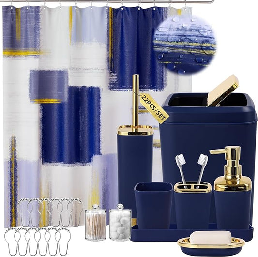 Blue and Gold Bathroom Accessories Set, Bathroom Sets with Shower Curtain, Blue Bathroom Accessories with Trash Can, Soap Dispenser, Soap Dish, Toilet Brush Holder, Qtip Holders for Bathroom