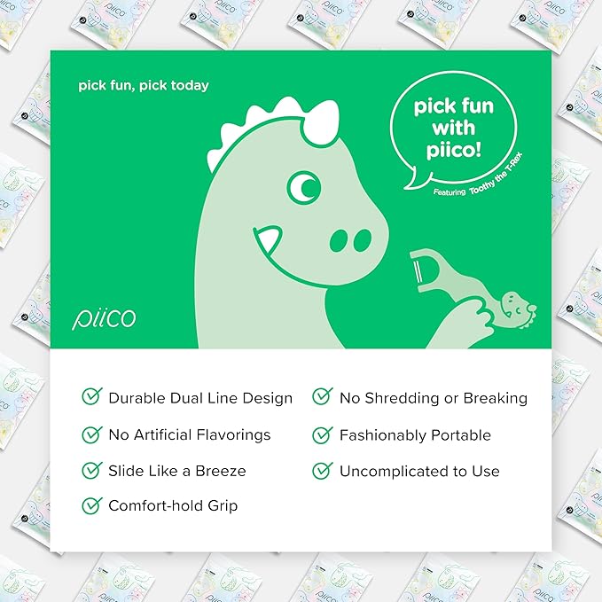 Piico Unflavored Kids Floss - No Fluoride Dual Line Dental Floss Picks - Fun Oral Care in Colorful Floss Sticks Design - Kids Flossers Prevent Tooth Decay & Gum Disease - 240 Count Dino & Travel Case