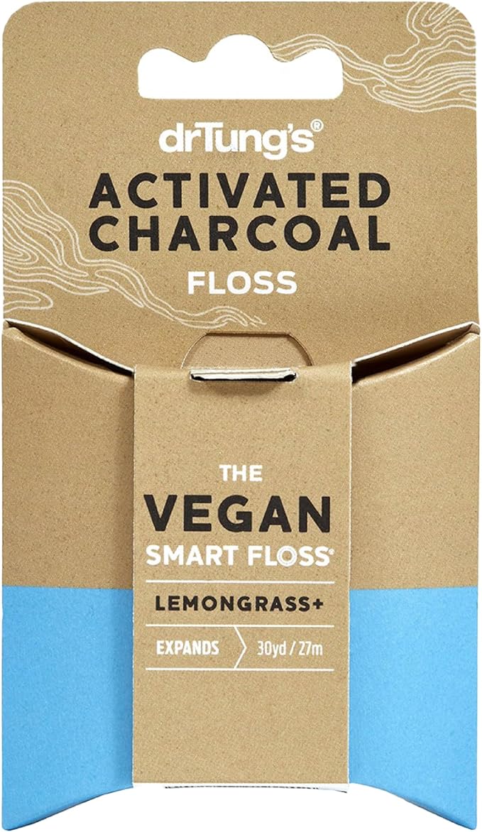 DrTung's Vegan Activated Charcoal Floss - Natural Dental Floss, Gentle on Gums, Expands & Stretches, BPA Free Floss - Lemongrass Flavor (Pack of 1)