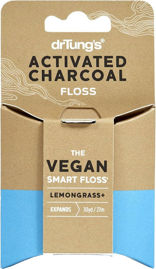 DrTung's Vegan Activated Charcoal Floss - Natural Dental Floss, Gentle on Gums, Expands & Stretches, BPA Free Floss - Lemongrass Flavor (Pack of 1)